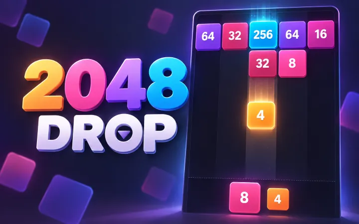 2048 Drop with colorful number blocks in five dark columns