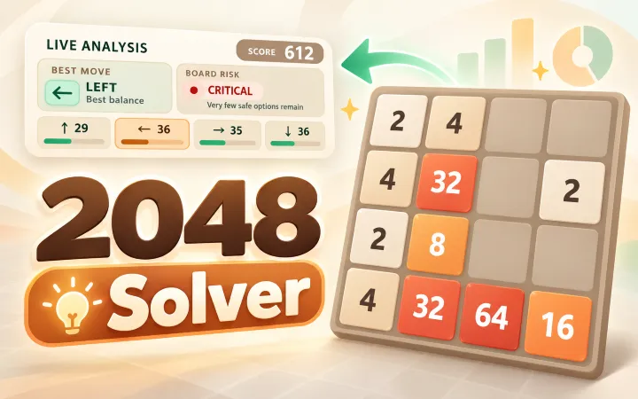 2048 Solver number board with live move analysis and board risk indicators