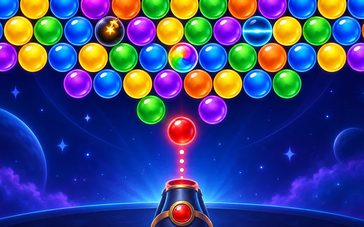 Colorful Bubble Shooter board with glossy bubbles and a launcher