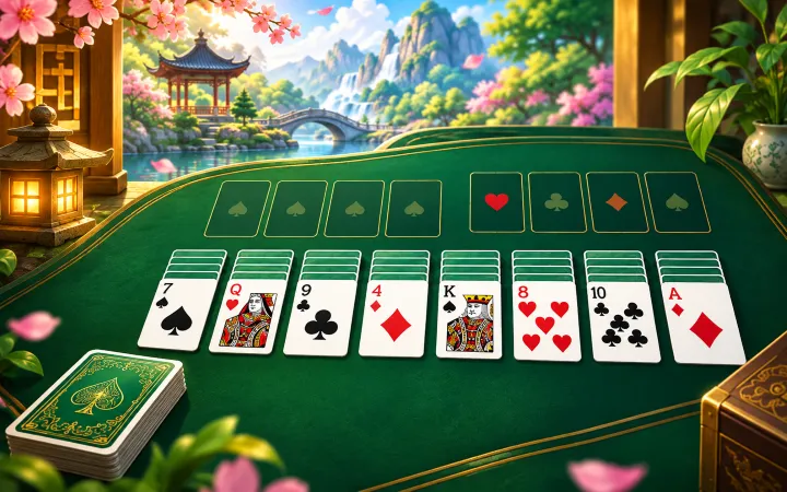 FreeCell Solitaire table with four free cells, four foundations, and eight card columns