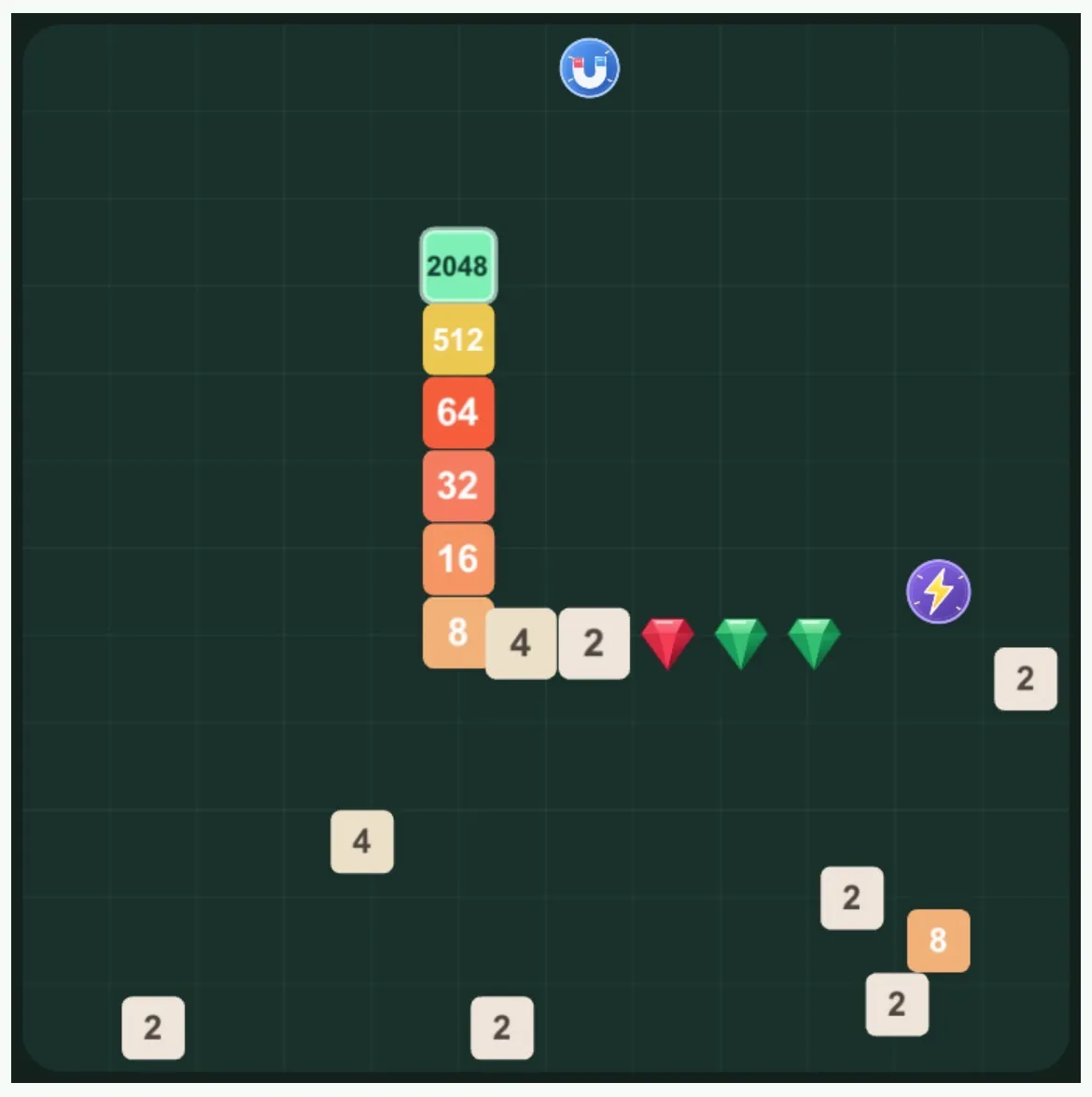 2048 Snake board with a numbered snake, loose number tiles, gems, and power-ups