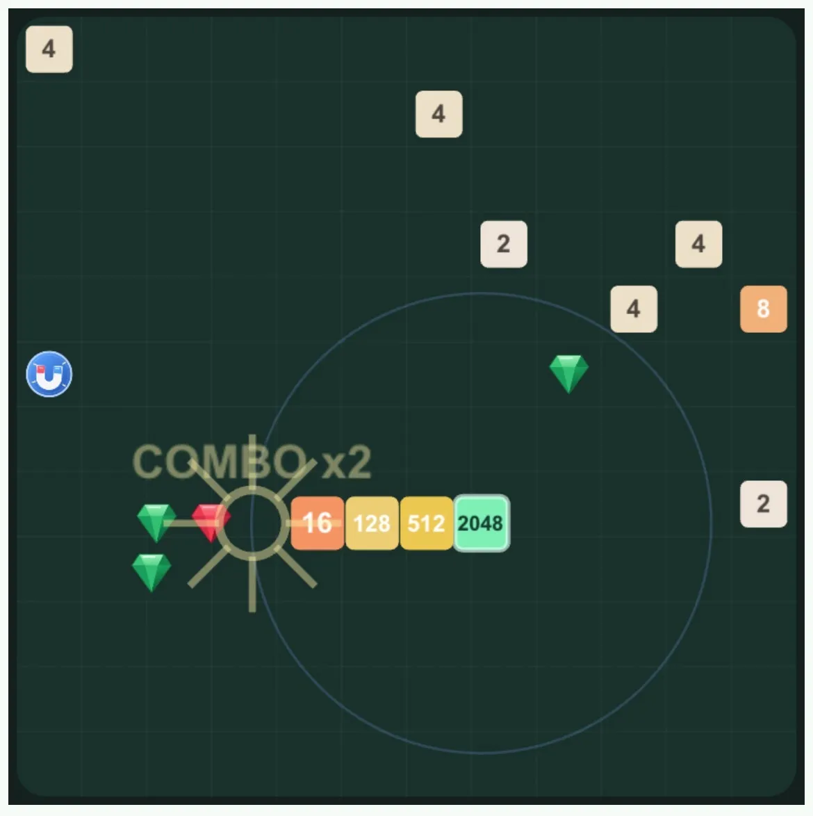 Magnet effect pulling nearby numbers toward the 2048 Snake