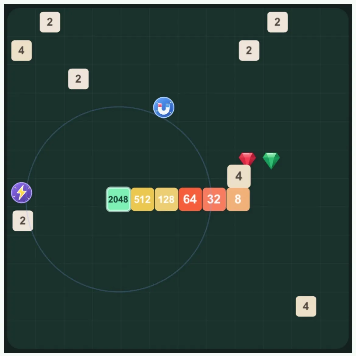 2048 Snake board with Lightning near the wall and Magnet near the numbered snake