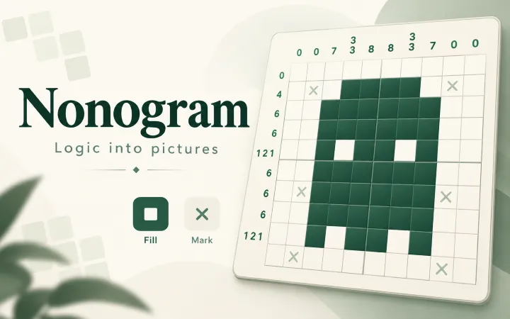 A heart revealed on a cream Nonogram grid with dark green filled squares