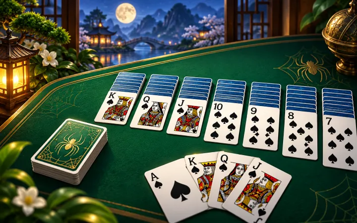Spider Solitaire table with ten card columns, a stock, and completed run slots